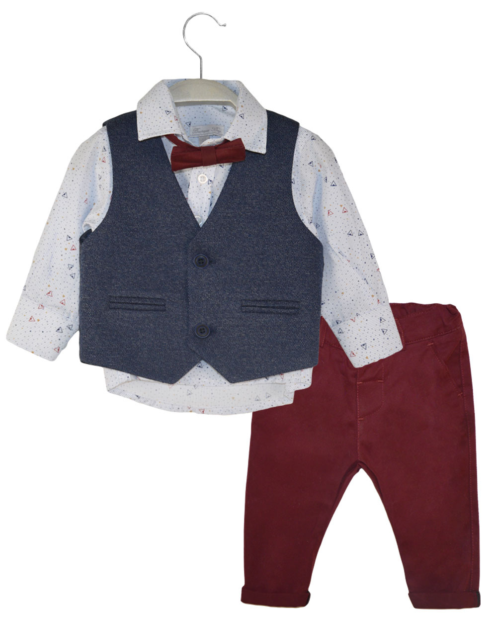 Set of 4 pieces, printed shirt, vest, trousers with adjustable waistband and bow tie